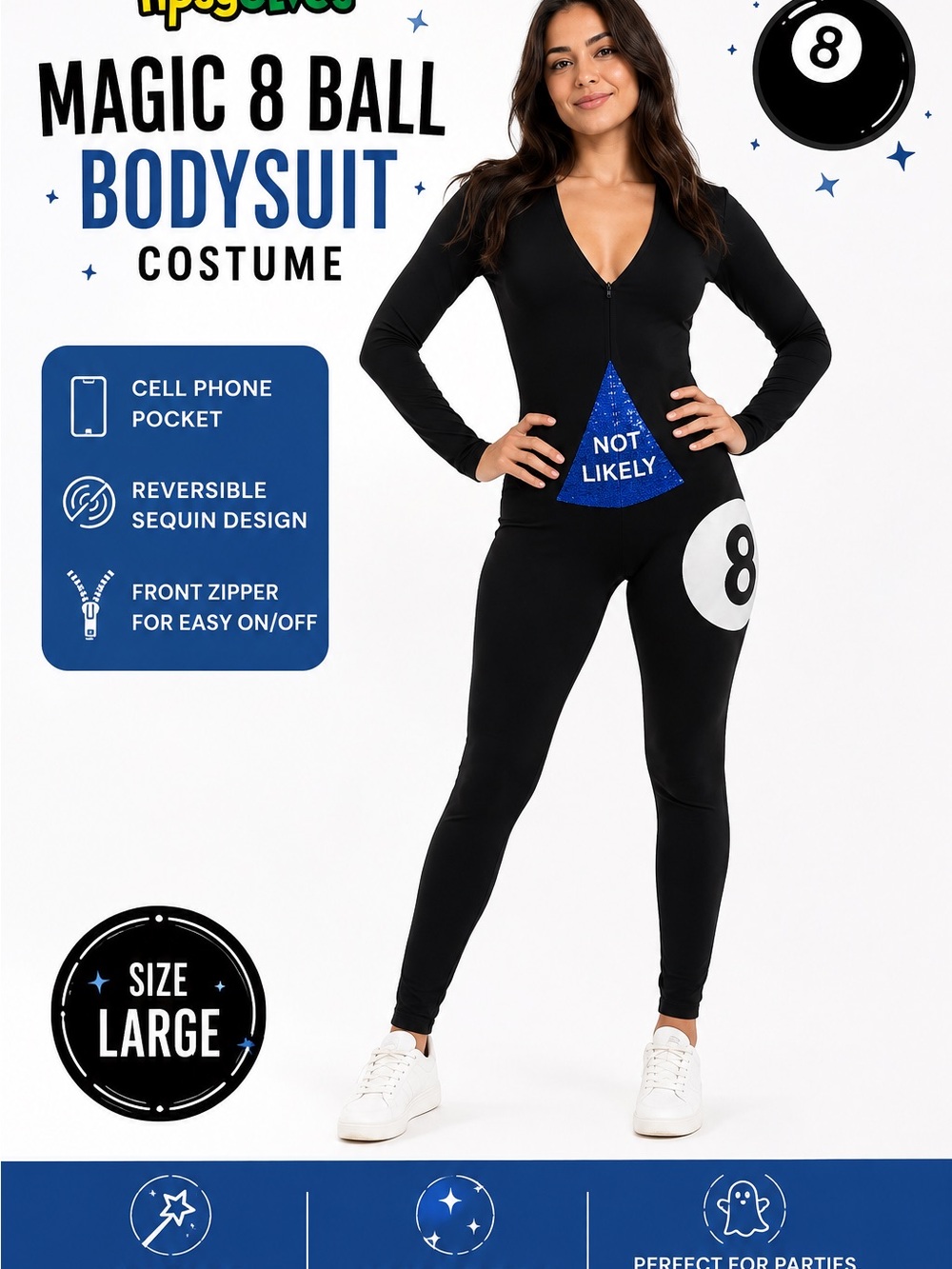 Tipsy Elves Black Magic 8-Ball Bodysuit Jumpsuit with Blue Sequin Pocket
